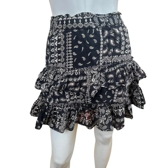 Free People Melissa Muslin Cotton Black & Beige Paisley Tiered Mini Skirt XS - Picture 3 of 11